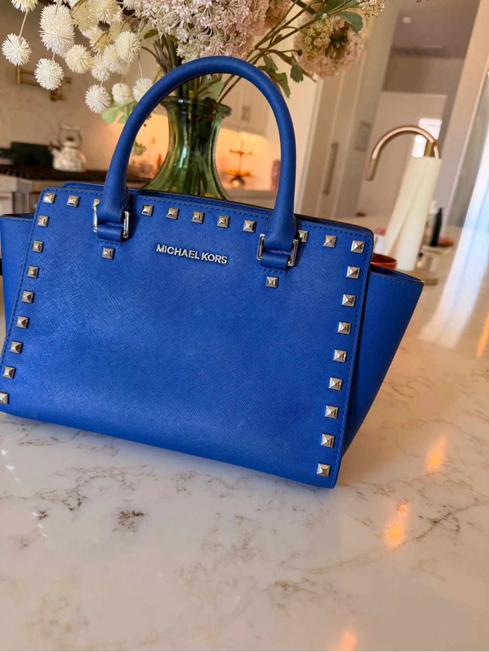 Michael Kors Royal Blue Studded Saffiano Satchel